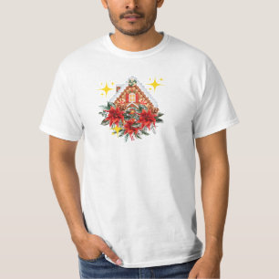 Camiseta Elegante Casa de Poinsettia y Gingerbread