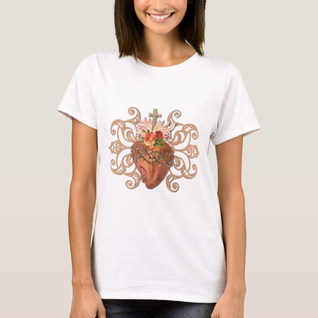 Camiseta Elegante Corazón Sagrado Jesús Cruz Católica (Anverso)