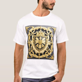 Camiseta Elegante Cresta Ornamental Dorada con Escudo