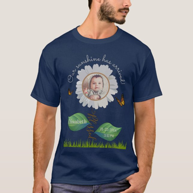 Camiseta Elegante Daisy Blue Floral Cute Baby Photo & Name (Anverso)