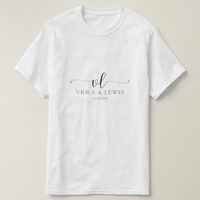 Camiseta elegante de fecha de boda personalizada V (Diseño del anverso)
