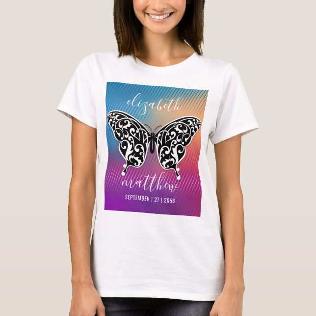 Camiseta Elegante diseño mariposa con asombroso atardecer (Anverso)