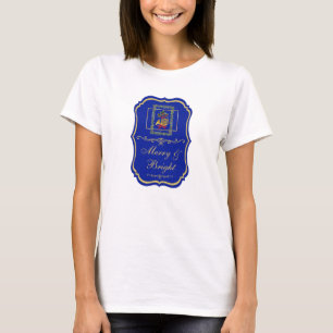 Camiseta Elegante Emblema de Navidad Azul Real de Trompa Fr