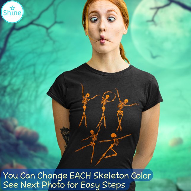 Camiseta Elegante esqueleto bailando ballet naranja Hallowe (You may change the color on each of the 5 skeletons to other colors. See next photo for easy steps.)