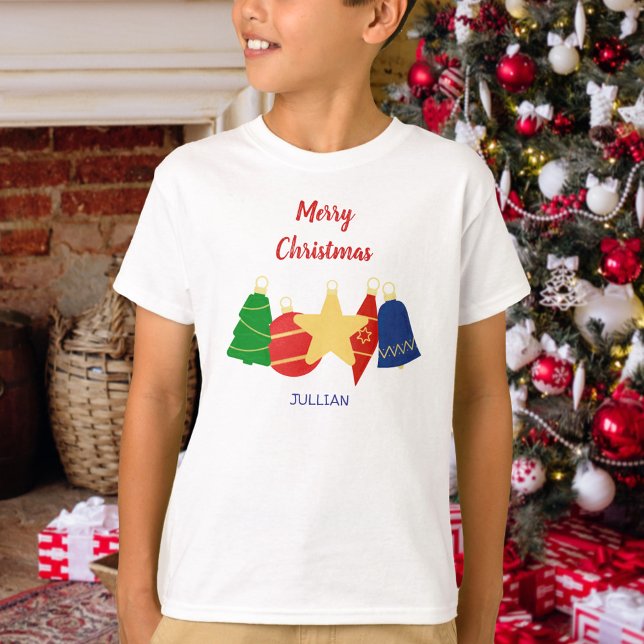 Camiseta Elegante familia de adornos de Navidad retro (Personalized Christmas ornaments tshirt for boys)