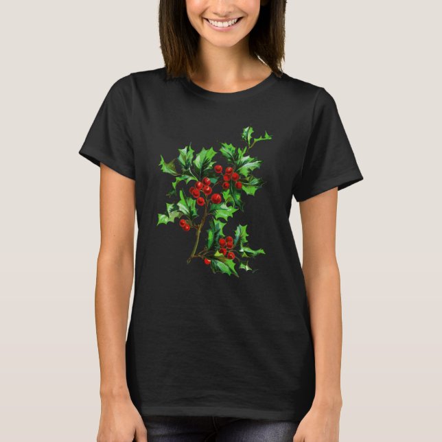 Camiseta Elegante Festividad Vintage Navidad Holly Berries (Anverso)
