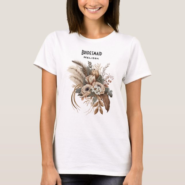 Camiseta Elegante Foliage Foliage y Feathers Bridesmaid (Anverso)