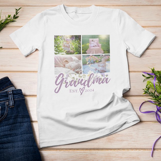 Camiseta Elegante foto de la abuela personalizada floral (White "Grandma 2024" t-shirt with baby photo collage on wood.)