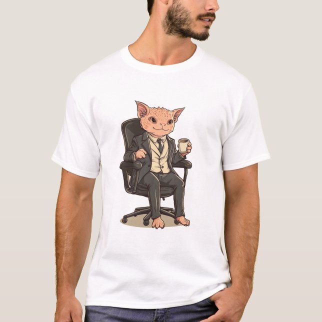Camiseta Elegante Gato de negocios sin pelo con café - Offi (Anverso)