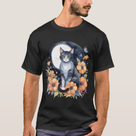 Camiseta Elegante Gato Negro Floral Moon Art Gato Amante