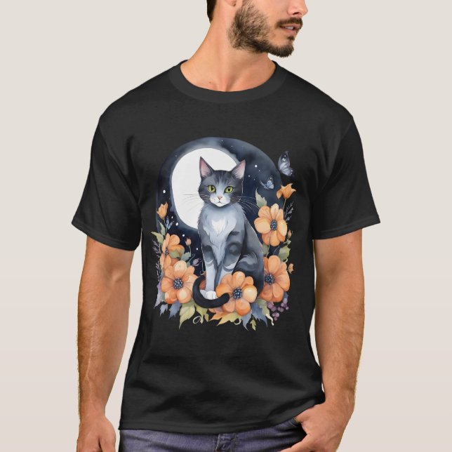 Camiseta Elegante Gato Negro Floral Moon Art Gato Amante (Anverso)