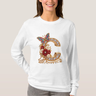 Camiseta Elegante letra "C" de oro adornada con flores para