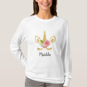 Camiseta Elegante lindo bonito floral purpurina unicornio