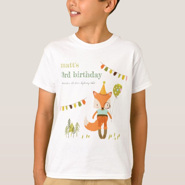 Camiseta Elegante lindo Woodland Fiesta Fox Kids Cumpleaños (Anverso)