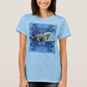 Camiseta Elegante línea floral azul siamesa de gatos Bonito