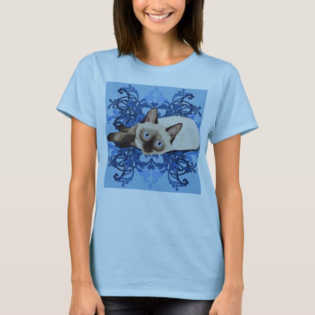 Camiseta Elegante línea floral azul siamesa de gatos Bonito (Anverso)