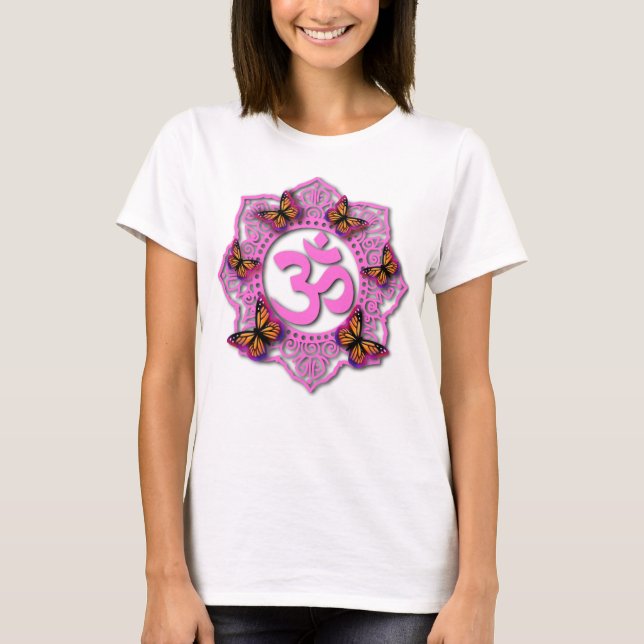 Camiseta Elegante mariposas rosadas ohm mandala púrpura (Anverso)