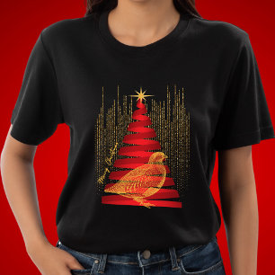 Camiseta Elegante Moda Árbol de Navidad Rojo y perdiz de or