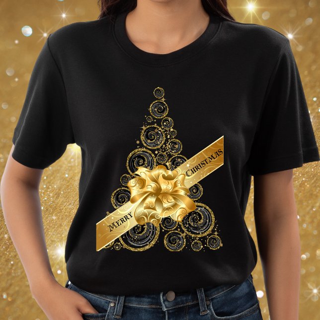 Camiseta Elegante Moda Oro Negro Árbol de Navidad y Bow (Subido por el creador)