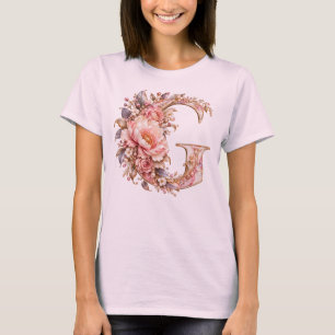 Camiseta Elegante Monograma de Letra G Floral Rosa Claro Pe