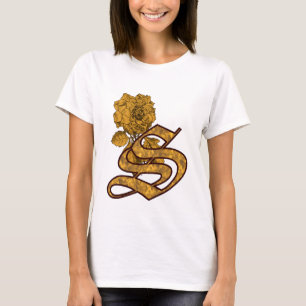 Camiseta Elegante Monograma Inicial S Peonía Dorada