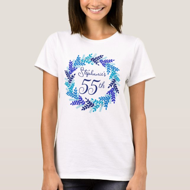 Camiseta Elegante Monograma Royal Blue Wreath 55º cumpleaño (Anverso)