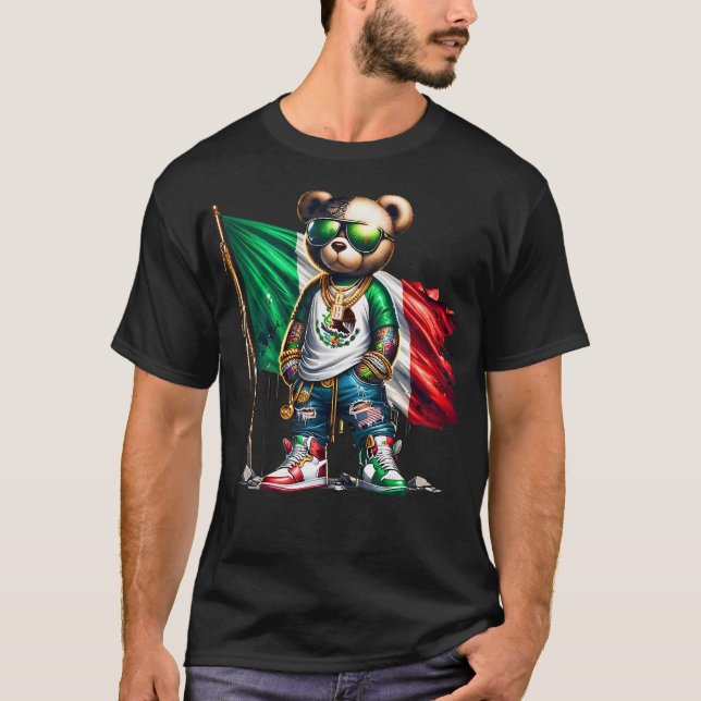 Camiseta Elegante Oso de Teddy Bandera Mexicana México (Anverso)