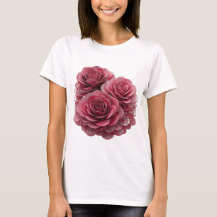 Camiseta Elegante plata TRES ROSAS ROSADAS CON GOTAS DE AGU