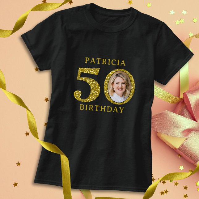 Camiseta Elegante Purpurina de Oro Negro foto de 50 cumplea ( Unique 50th Birthday Photo T-shirt in Black Gold Glitter | Mark Your Special Day With Fashion)
