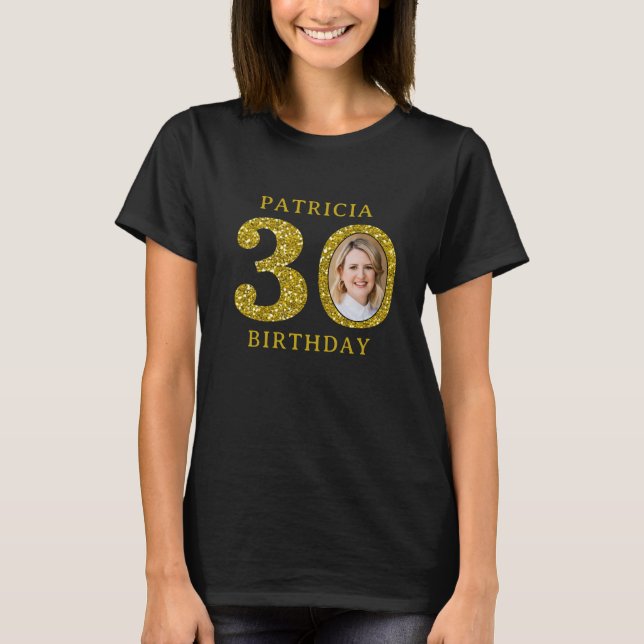 Camiseta Elegante Purpurina de oro negro foto de cumpleaños (Anverso)