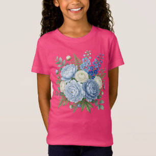 Camiseta Elegante ramo floral de peonía azul acuarela