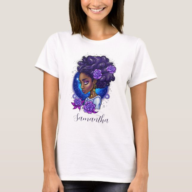 Camiseta Elegante Rosas púrpuras afromujer (Anverso)