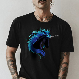 Camiseta Elegante Unicornio Negro Fantasía Mágica Azul Plat