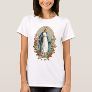 Camiseta Elegante Virgen María Rosas Florales Católicos