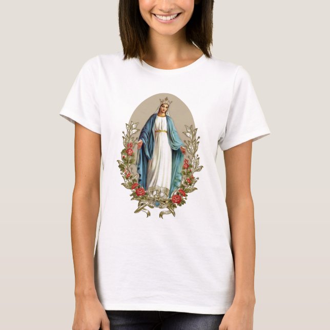 Camiseta Elegante Virgen María Rosas Florales Católicos (Anverso)