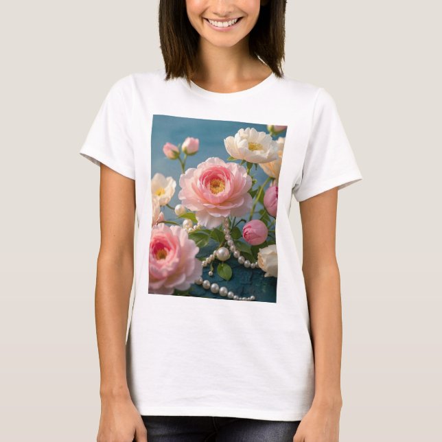Camiseta Elegantes flores rosa rosa claro con perlas (Anverso)