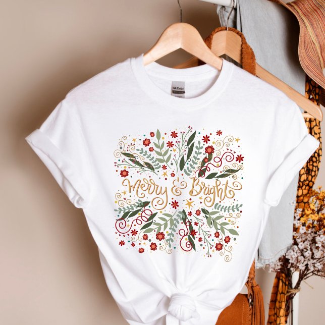 Camiseta Elegantes Navidades florales y merry (Pretty Merry and Bright Inspirivity Christmas Tshirt)