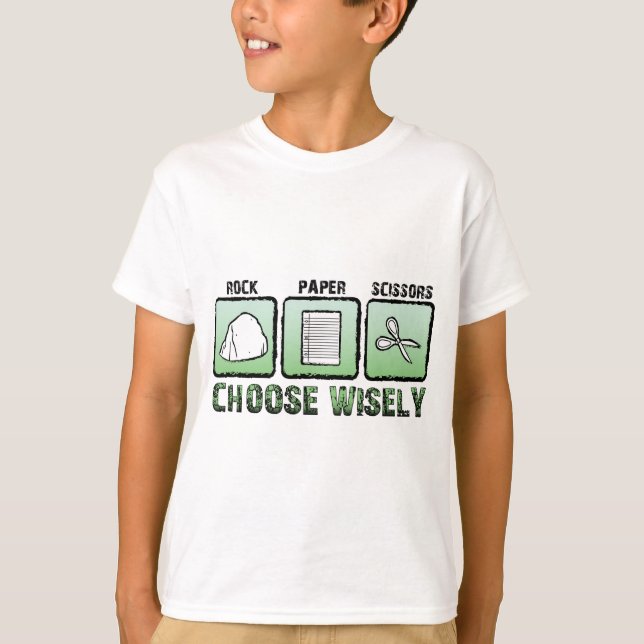 Camiseta "Elegir inteligentemente" tijeras de papel de rock (Anverso)