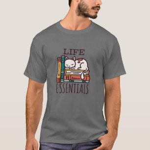 Camiseta Elementos Esenciales De Vida, Libros Y Gatos