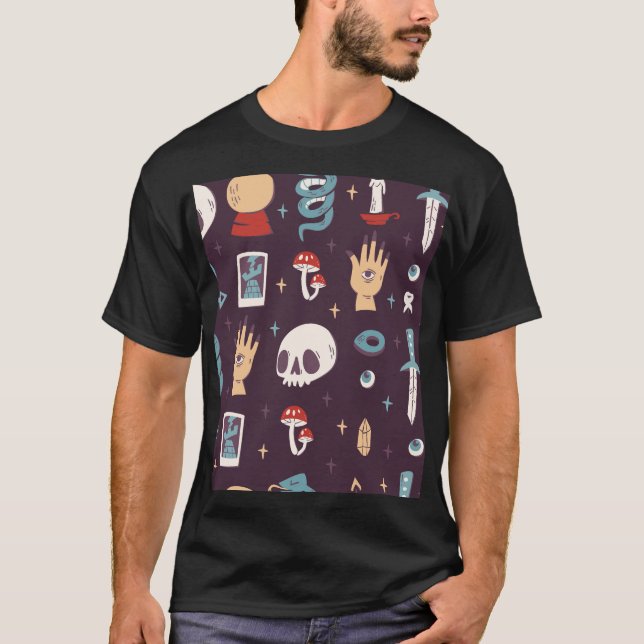 Camiseta Elementos mágicos: cráneo, tarot sin costuras (Anverso)