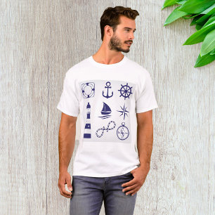 Camiseta Elementos Marinos Náuticos Azul Marino Iconos Cost