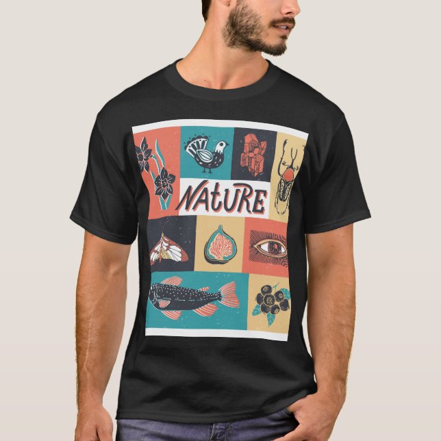 Camiseta Elementos Naturales, Iconos De Estilo Retro. (Anverso)