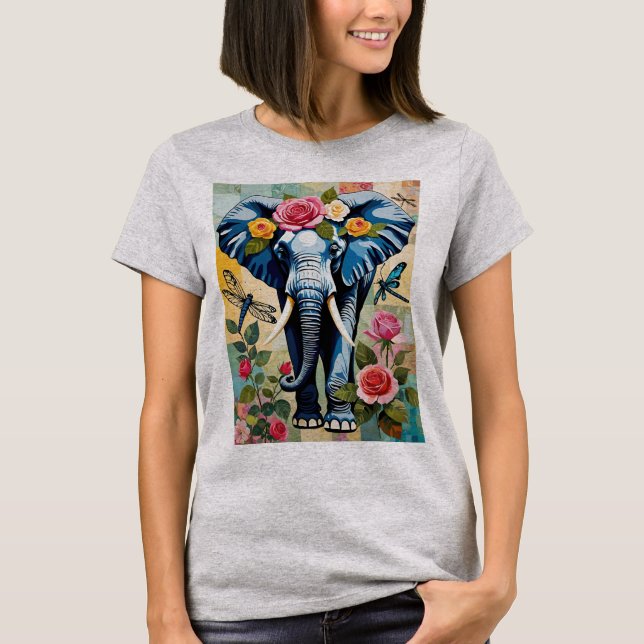 Camiseta Elephant With Roses And Dragonflies Patchwork (Anverso)