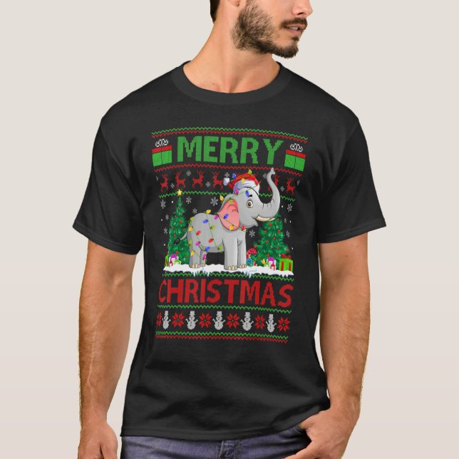 Camiseta Elephant   Xmas Tree Light Ugly Santa Elephant Chr (Anverso)