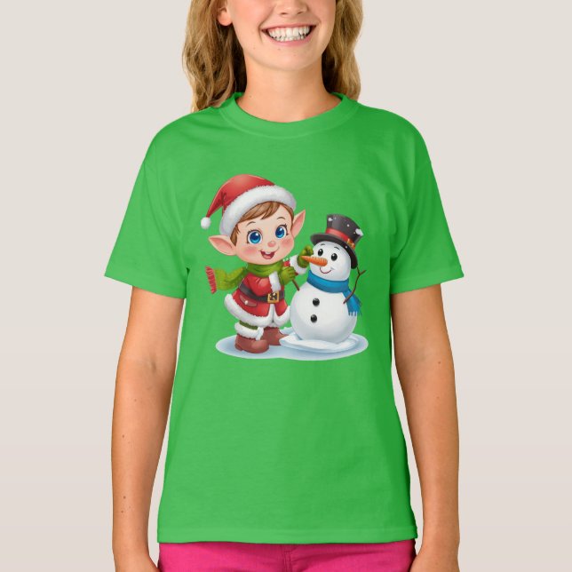 Camiseta Elf Building Snowman – Fun Kids Christmas Tee (Anverso)