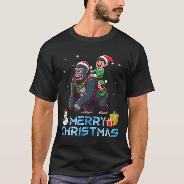 Camiseta Elf Riding Gorilla Snowman presenta Feliz Navidad (Anverso)