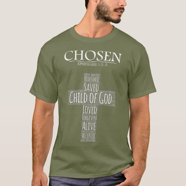 Camiseta Eligió Efesios 135 con el collage de palabras cruz (Anverso)