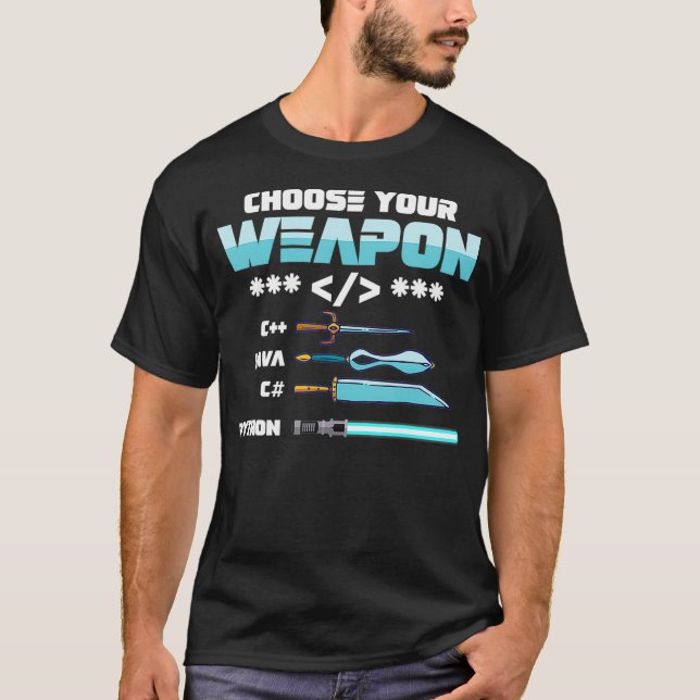 Camiseta Elija su arma C++ Programadores Java Python C  (Anverso)