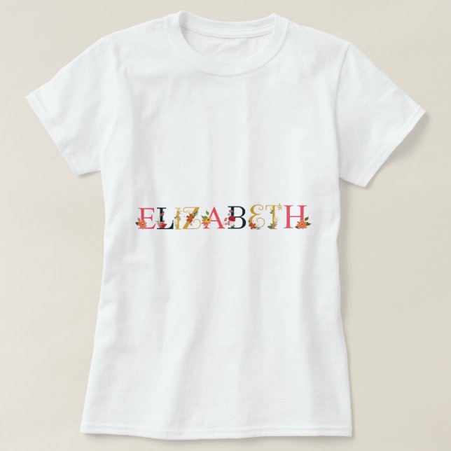 Camiseta ELIZABETH Nombre Arte con flores bordadas (Diseño del anverso)