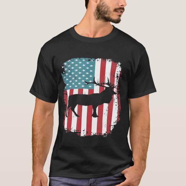 Camiseta Elk Hunting Patriotic American Flag (Anverso)
